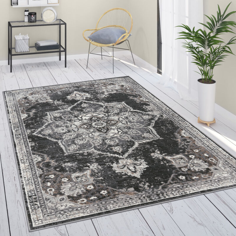 foto del prodotto tappeto salotto moderno pelo corto persiano marocco mandala bordura nero grigio crema 80x150 cm paco home