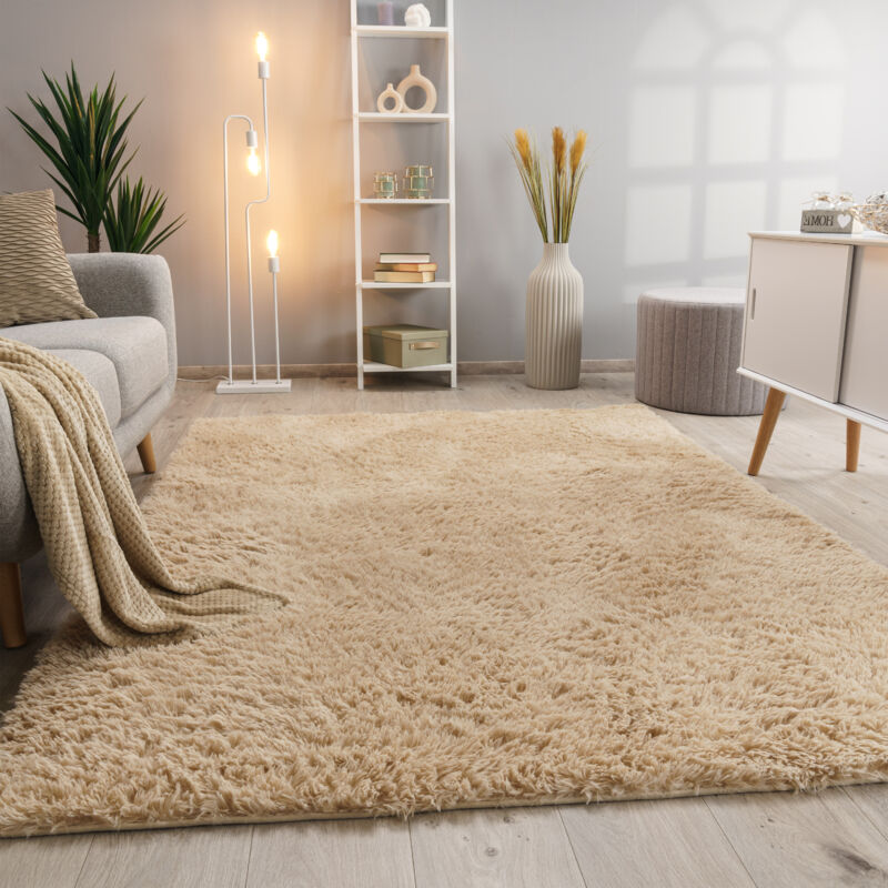 foto del prodotto tappeto salotto moderno pelo lungo pelliccia finta shaggy monocolore beige 200x290 cm paco home