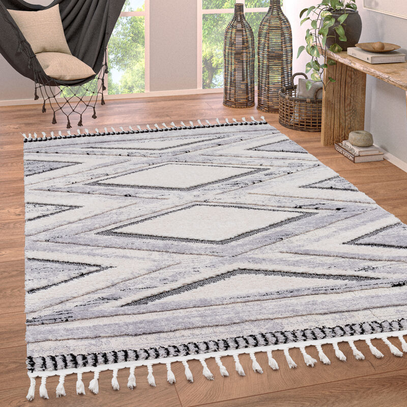 foto del prodotto tappeto salotto moderno soggiorno pelo corto etnico scandinavo rombi frange 80x150 cm, grigio 2 paco home