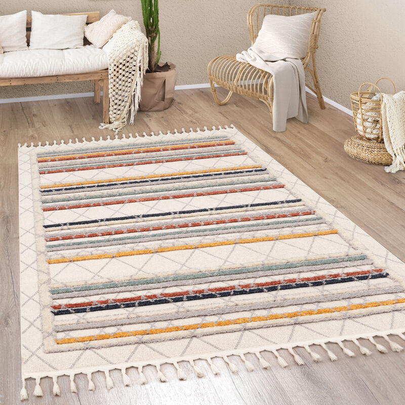 foto del prodotto tappeto salotto moderno soggiorno pelo corto modern boho etnico scandi frange 80x150 cm, multicolore 2 paco home