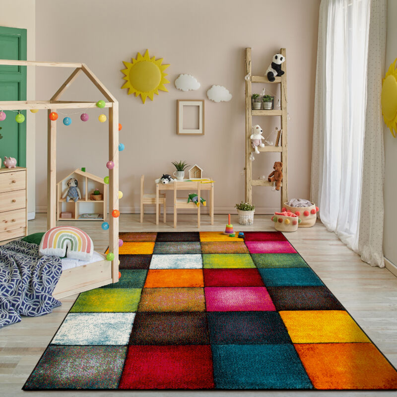 foto del prodotto tappeto salotto moderno soggiorno pelo corto motivo astratto motivo geometrico motivo scacchiera grigio giallo rosso 80x300 cm paco home