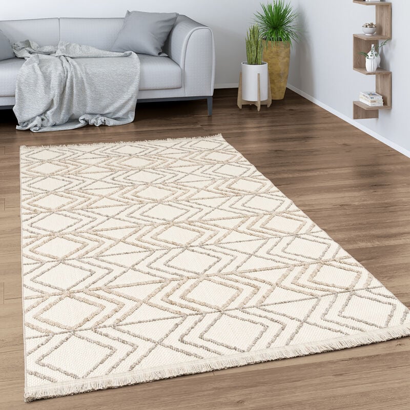 foto del prodotto tappeto salotto moderno soggiorno pelo corto motivo boho geometrico con frange 80x150 cm, crema 3 paco home