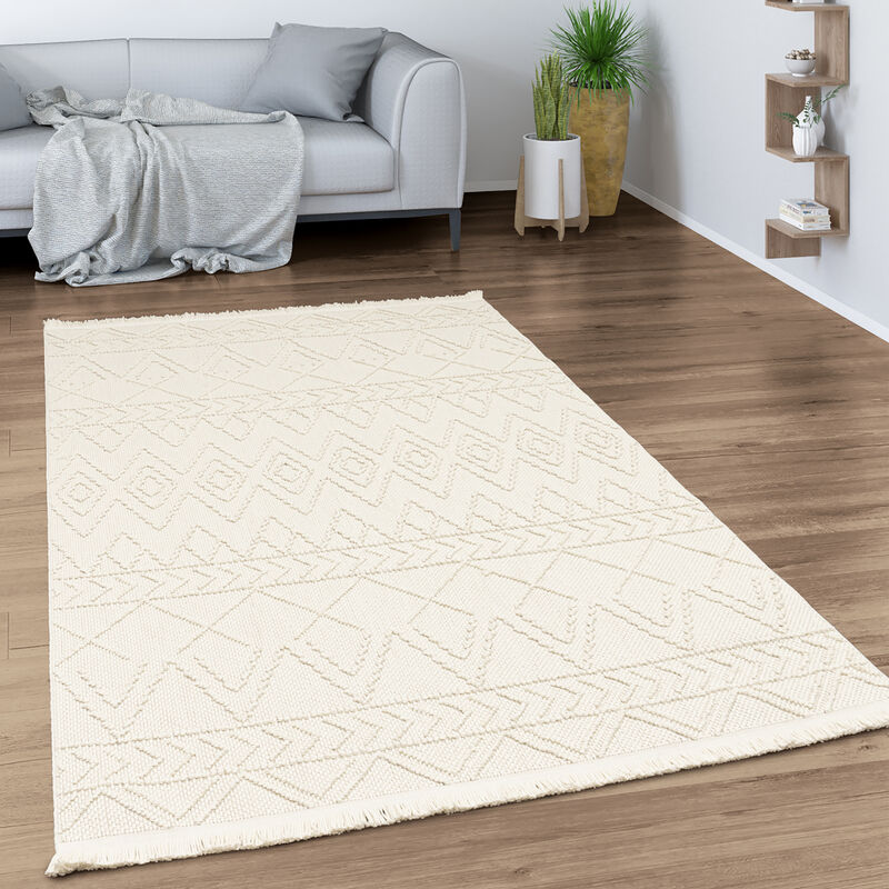 foto del prodotto tappeto salotto moderno soggiorno pelo corto motivo boho geometrico con frange 80x150 cm, crema 4 paco home