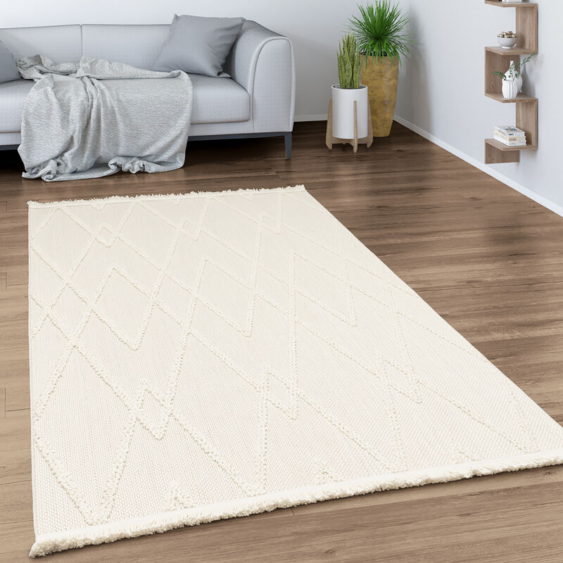foto del prodotto tappeto salotto moderno soggiorno pelo corto motivo boho geometrico con frange 80x150 cm, crema 5 paco home