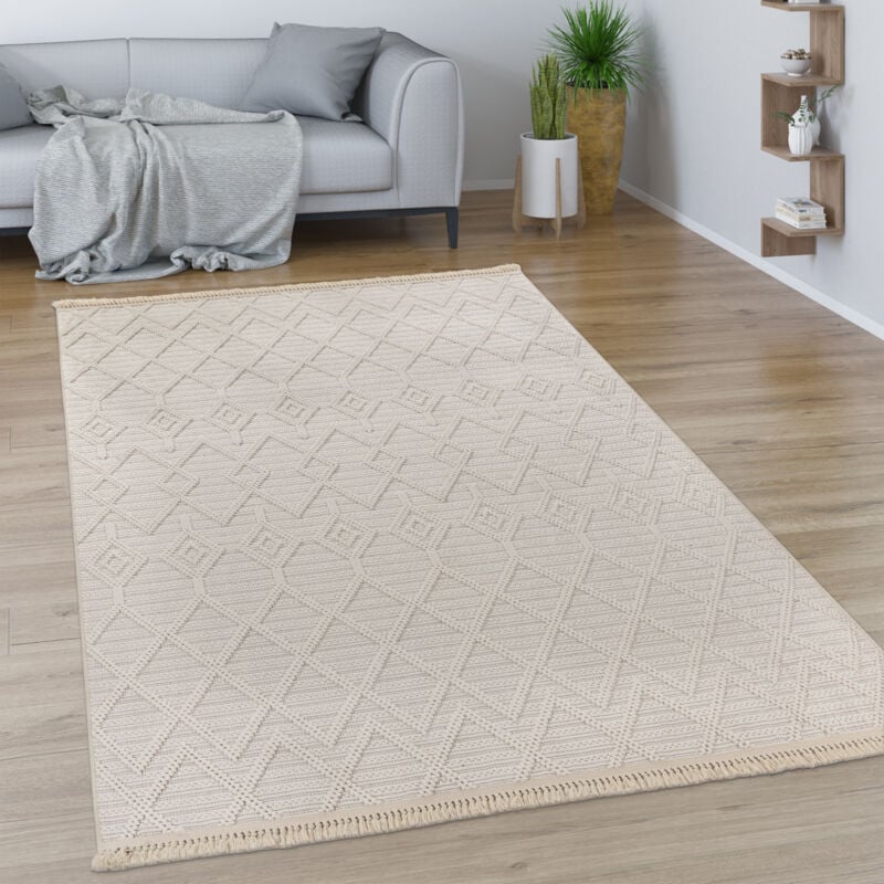 foto del prodotto tappeto salotto moderno soggiorno pelo corto motivo boho geometrico con frange 80x150 cm, crema 7 - paco home