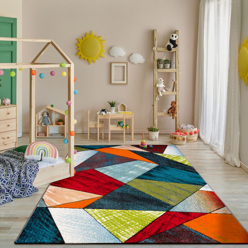 foto del prodotto tappeto salotto moderno soggiorno pelo corto motivo geometrico vintage rombi design verde rosso blu 80x300 cm paco home