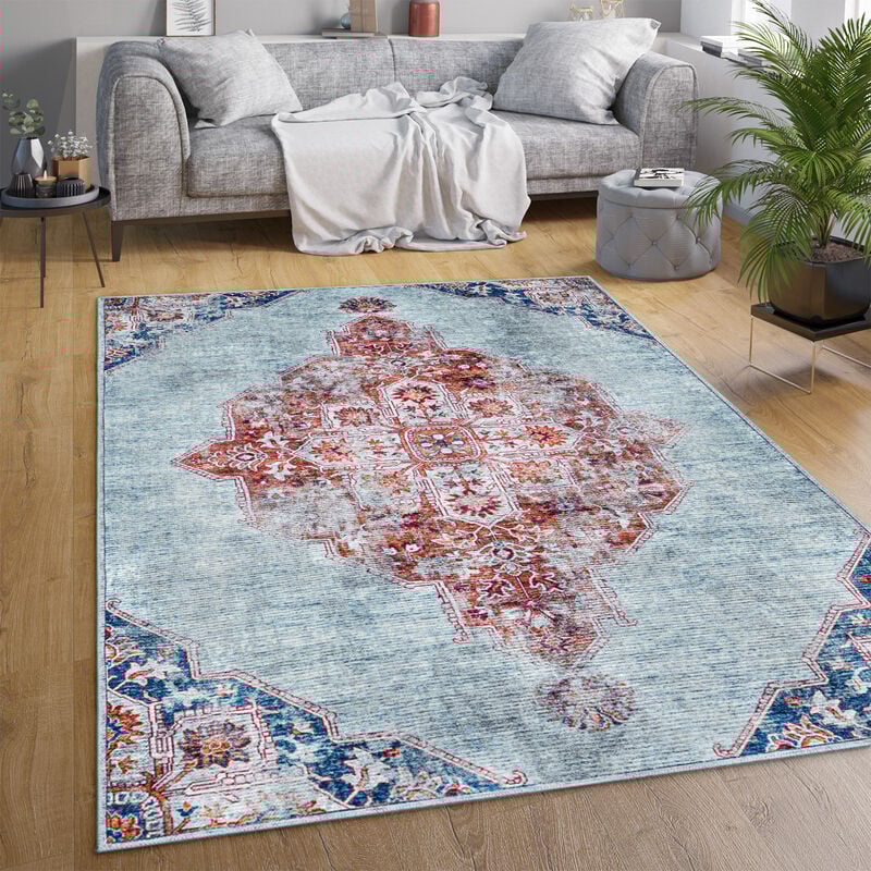 foto del prodotto tappeto salotto moderno soggiorno tessuto liscio moderno persiano motivo lavabile turchese, 120x160 cm paco home