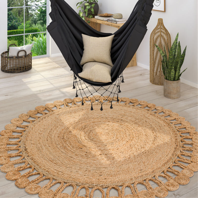 foto del prodotto tappeto salotto moderno tappeto fibra naturale juta motivo boho moderno motivo etnico monocolore a mano beige 200 cm tondo paco home