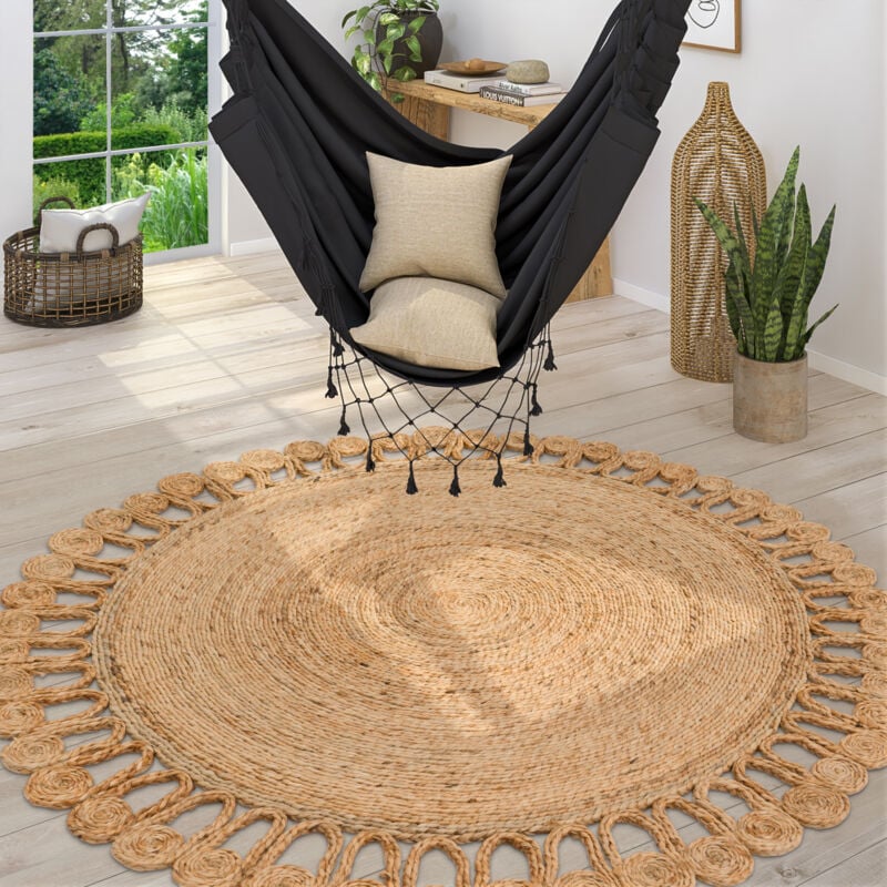 foto del prodotto tappeto salotto moderno tappeto fibra naturale juta motivo boho moderno motivo etnico monocolore a mano beige 80 cm tondo - paco home