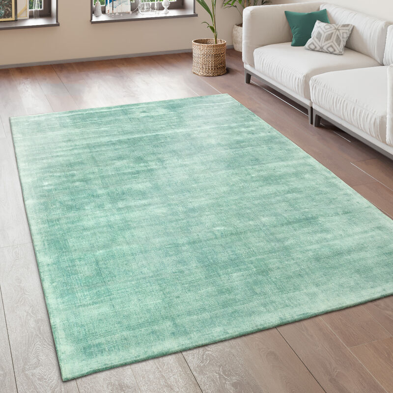 foto del prodotto tappeto salotto moderno vintage pelo corto fatto a mano pregiato 100 viscosa 80x150 cm, verde chiaro paco home