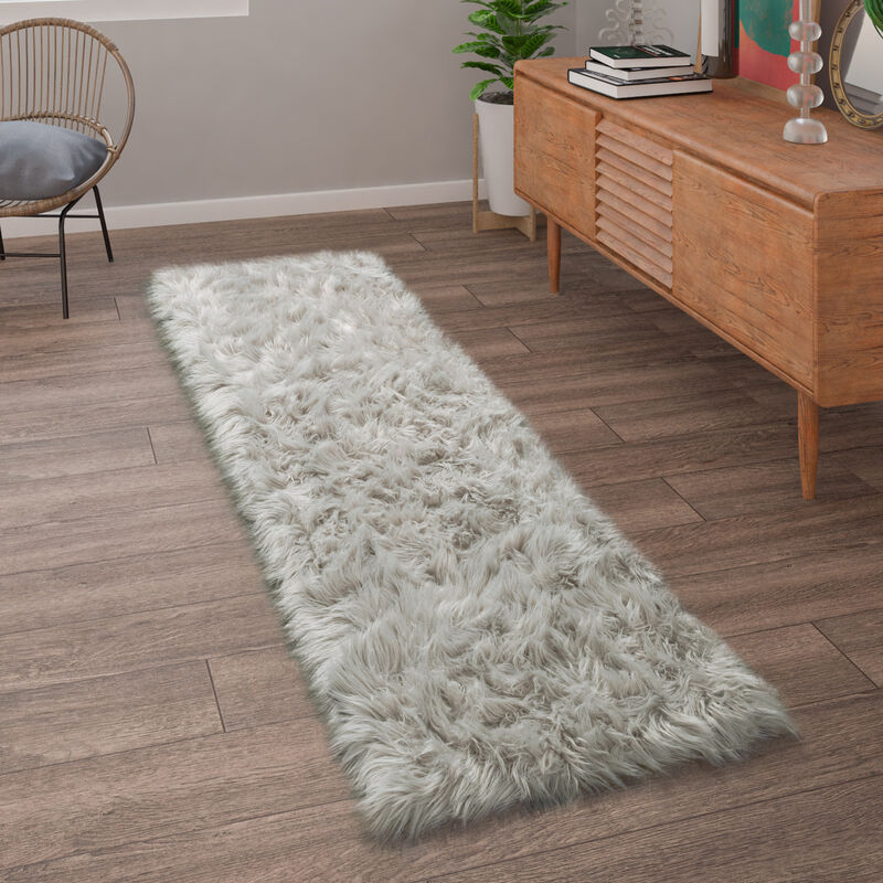 foto del prodotto tappeto salotto pelliccia finta imitazione pelo lungo cuscino cuore rotondo 80x150 cm, grigio paco home