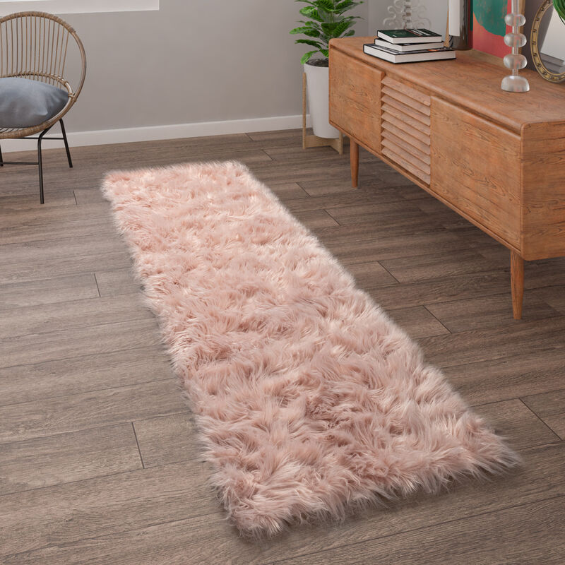 foto del prodotto tappeto salotto pelliccia finta imitazione pelo lungo cuscino cuore rotondo 80x150 cm, rosa paco home