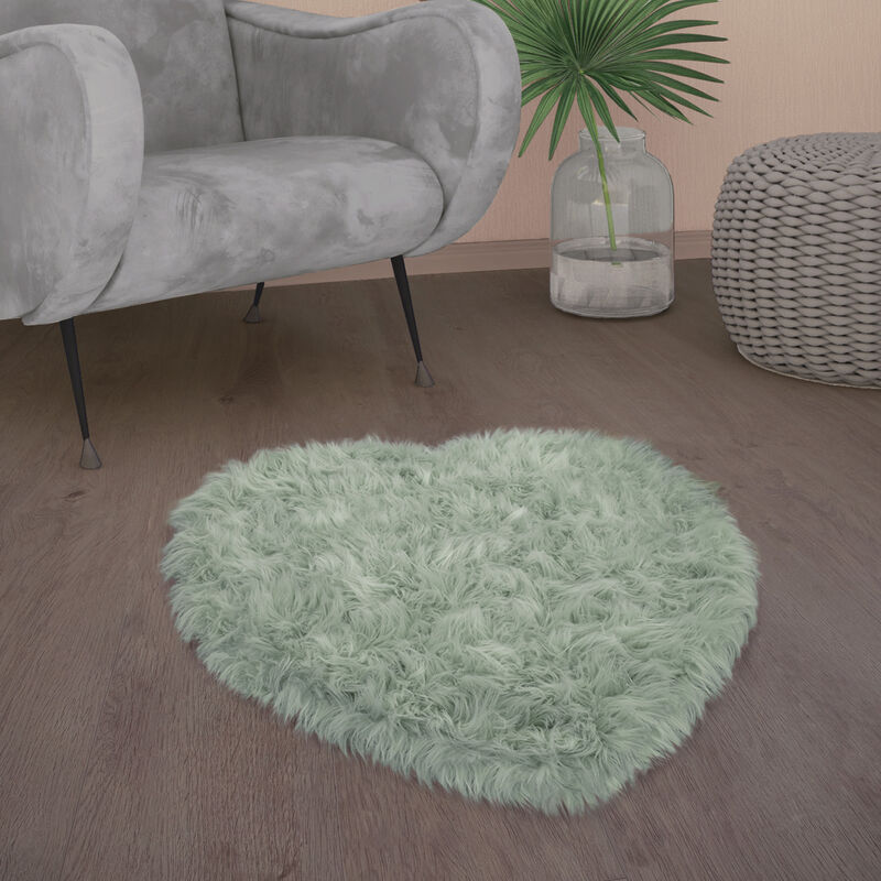foto del prodotto tappeto salotto pelliccia finta imitazione pelo lungo cuscino cuore rotondo 80x75 cm forma di cuore, verde menta paco home