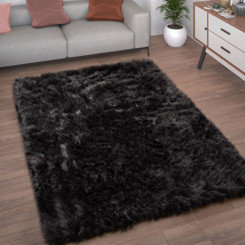 foto del prodotto tappeto salotto pelliccia finta imitazione pelo lungo cuscino cuore rotondo nero, 90 cm tondo paco home