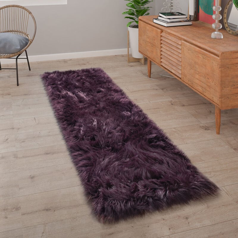 foto del prodotto tappeto salotto pelliccia finta imitazione pelo lungo cuscino cuore rotondo viola, 50x150 cm - paco home