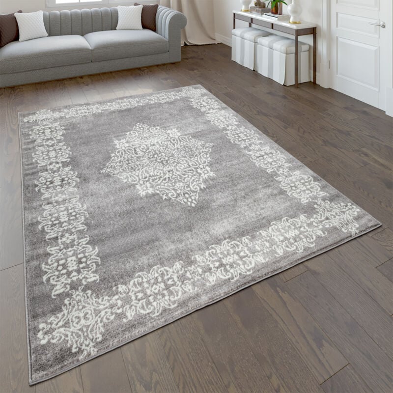 foto del prodotto tappeto salotto pelo corto con motivo orientale moderno, grigio e bianco 80x150 cm paco home