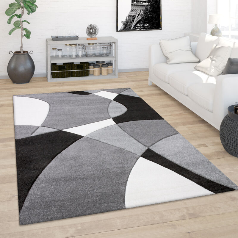 foto del prodotto tappeto salotto pelo corto moderno look 3d contorni rifilati motivo astratto 160x230 cm, nero bianco paco home