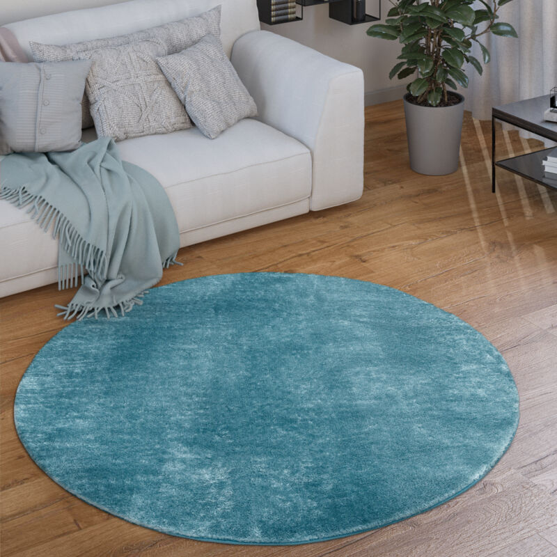 foto del prodotto tappeto salotto pelo corto rotondo moderno morbido lavabile monocolore turchese, 160 cm tondo paco home