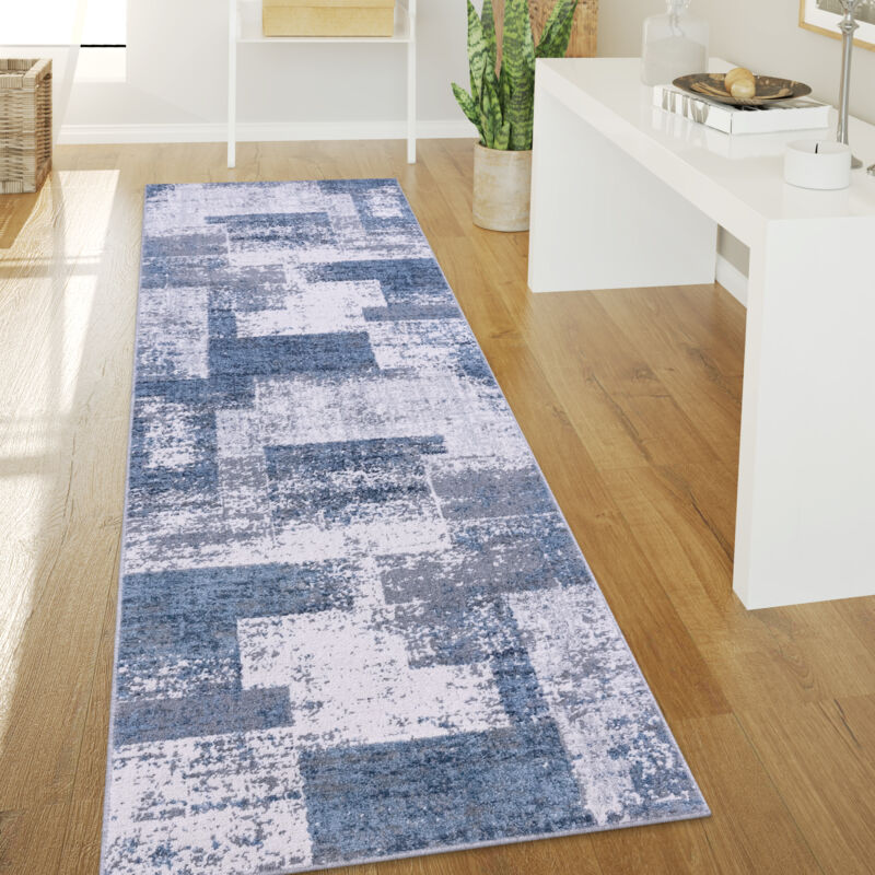 foto del prodotto tappeto salotto pelo corto vintage astratto moderno geometrico motivo diamante 80x150 cm, blu 2 paco home