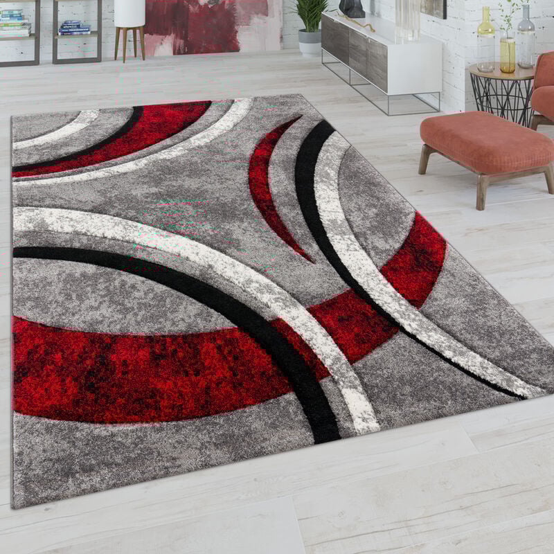 foto del prodotto tappeto salotto pelo corto vintage contorni rifilati a mano effetto 3d 160x230 cm, grigio-rosso - paco home