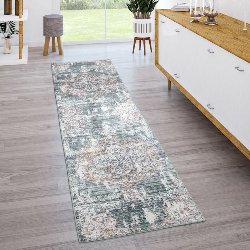 foto del prodotto tappeto salotto pelo corto vintage estetica orientale astratta grigio verde 60x100 cm paco home