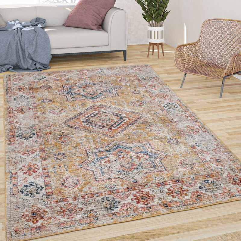 foto del prodotto tappeto salotto pelo corto vintage, motivo orientale bordura giallo rosso 60x100 cm paco home