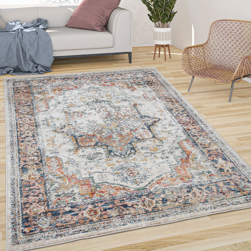 foto del prodotto tappeto salotto pelo corto vintage motivo orientale ornamenti bordura beige blu 60x100 cm paco home
