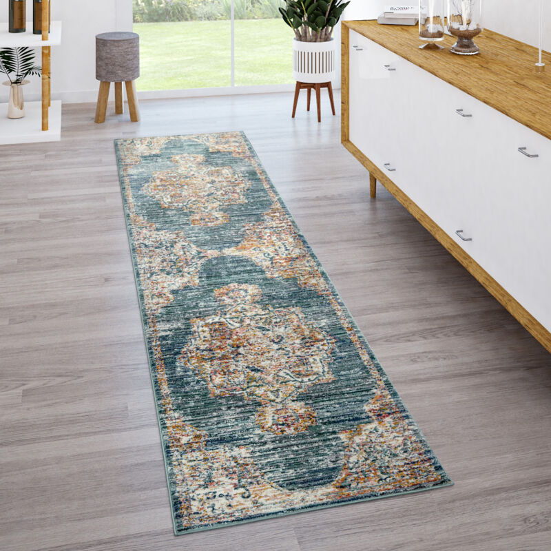 foto del prodotto tappeto salotto pelo corto vintage motivo pastello orientale bordura verde beige 60x100 cm - paco home