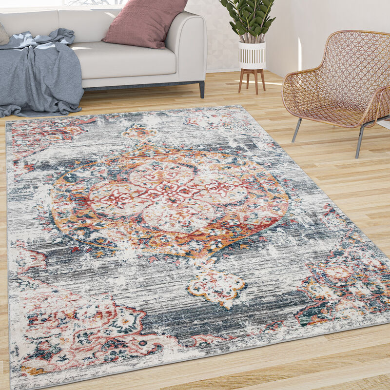 foto del prodotto tappeto salotto pelo corto vintage orientale astratta grigio rosso giallo 160x230 cm paco home