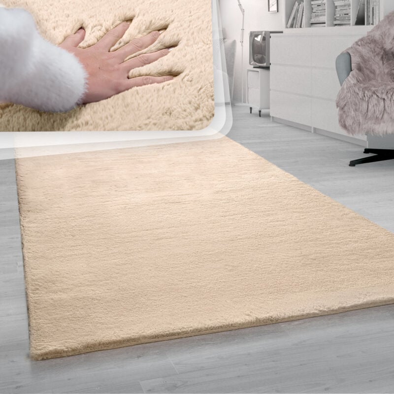 foto del prodotto tappeto salotto pelo lungo morbida finta pelliccia di coniglio sabbia crema 150 cm quadrato paco home