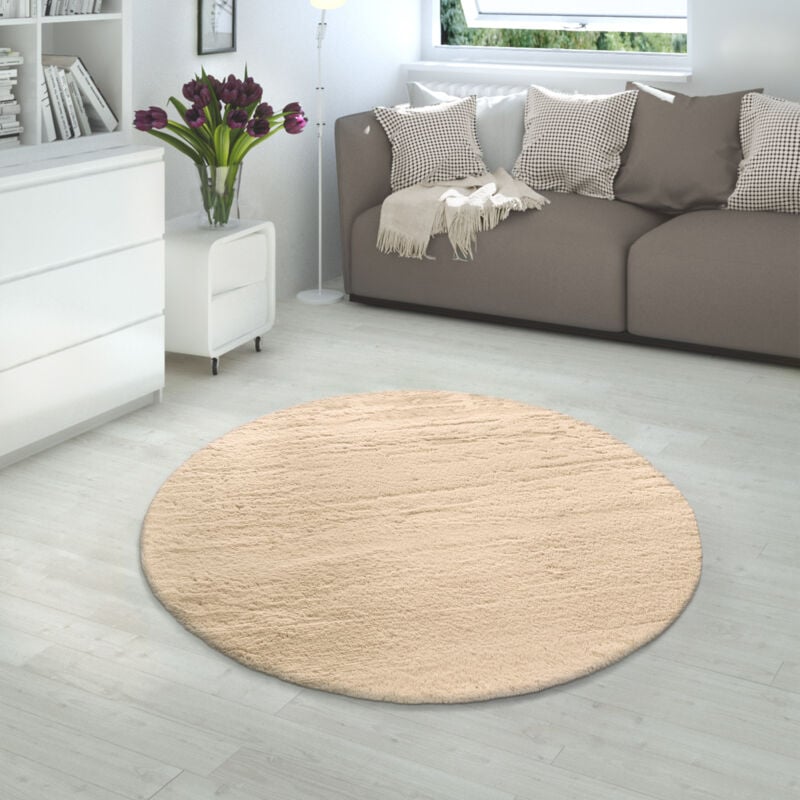 foto del prodotto tappeto salotto pelo lungo morbida finta pelliccia di coniglio sabbia crema 80 cm tondo paco home