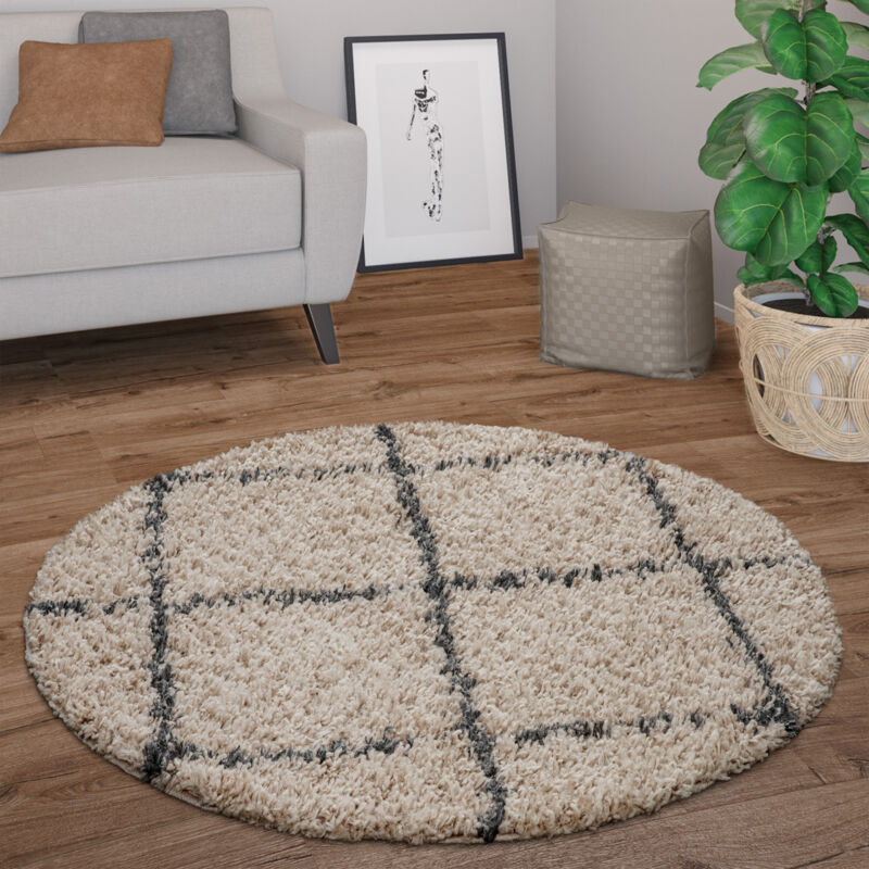 foto del prodotto tappeto salotto pelo lungo rotondo moderno shaggy pelo lungo scandinavo diamanti 200 cm tondo, beige antracite paco home