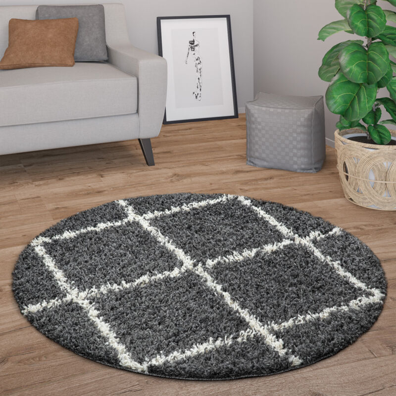 foto del prodotto tappeto salotto pelo lungo rotondo moderno shaggy pelo lungo scandinavo diamanti antracite, 80 cm tondo paco home