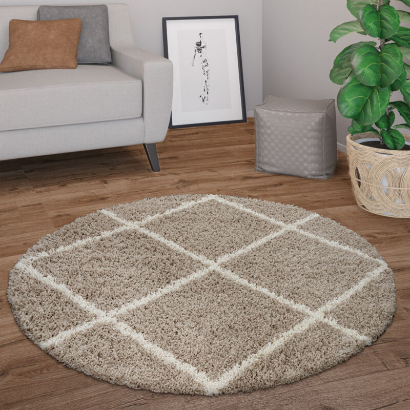 foto del prodotto tappeto salotto pelo lungo rotondo moderno shaggy pelo lungo scandinavo diamanti beige, 120 cm tondo paco home