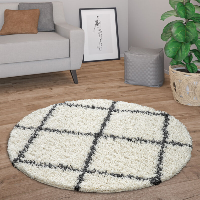 foto del prodotto tappeto salotto pelo lungo rotondo moderno shaggy pelo lungo scandinavo diamanti crema, 80 cm tondo paco home