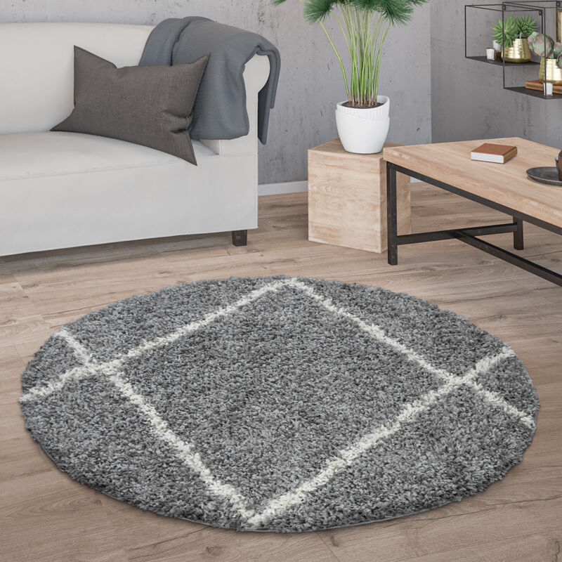foto del prodotto tappeto salotto pelo lungo rotondo moderno shaggy pelo lungo scandinavo diamanti grigio, 120 cm tondo paco home