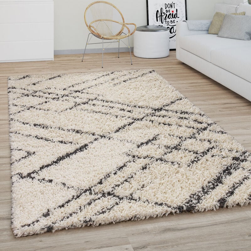 foto del prodotto tappeto salotto pelo lungo shaggy moderno boho scandinavo motivo diamante 160 cm tondo, crema antracite 4 paco home