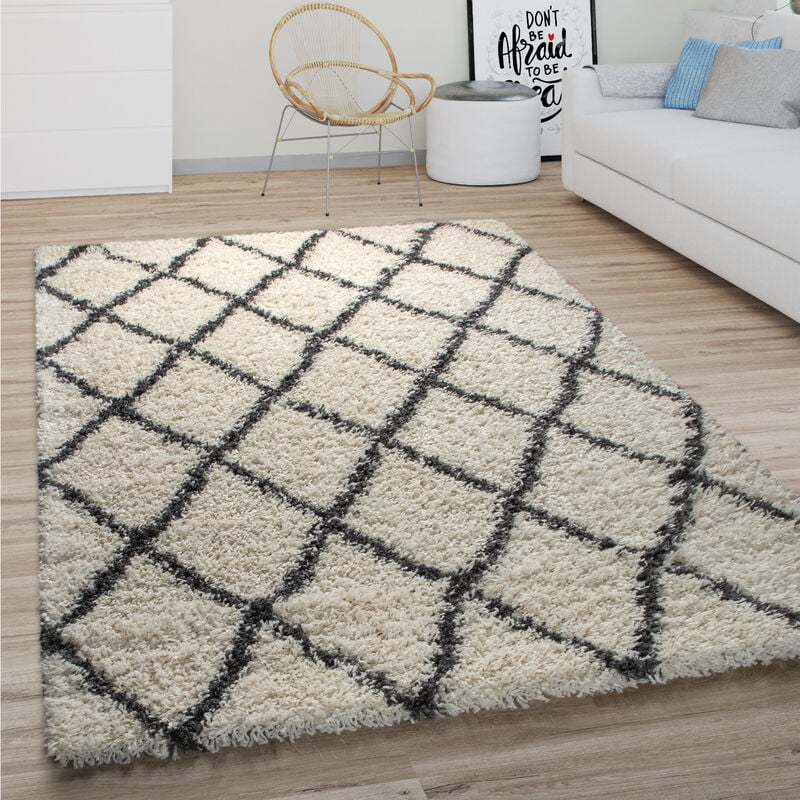 foto del prodotto tappeto salotto pelo lungo shaggy moderno boho scandinavo motivo diamante 200 cm tondo, crema 4 paco home