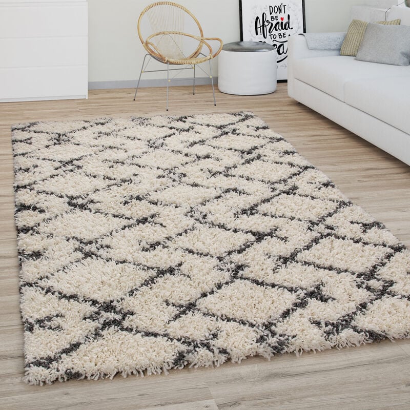 foto del prodotto tappeto salotto pelo lungo shaggy moderno boho scandinavo motivo diamante 200 cm tondo, crema antracite 3 paco home