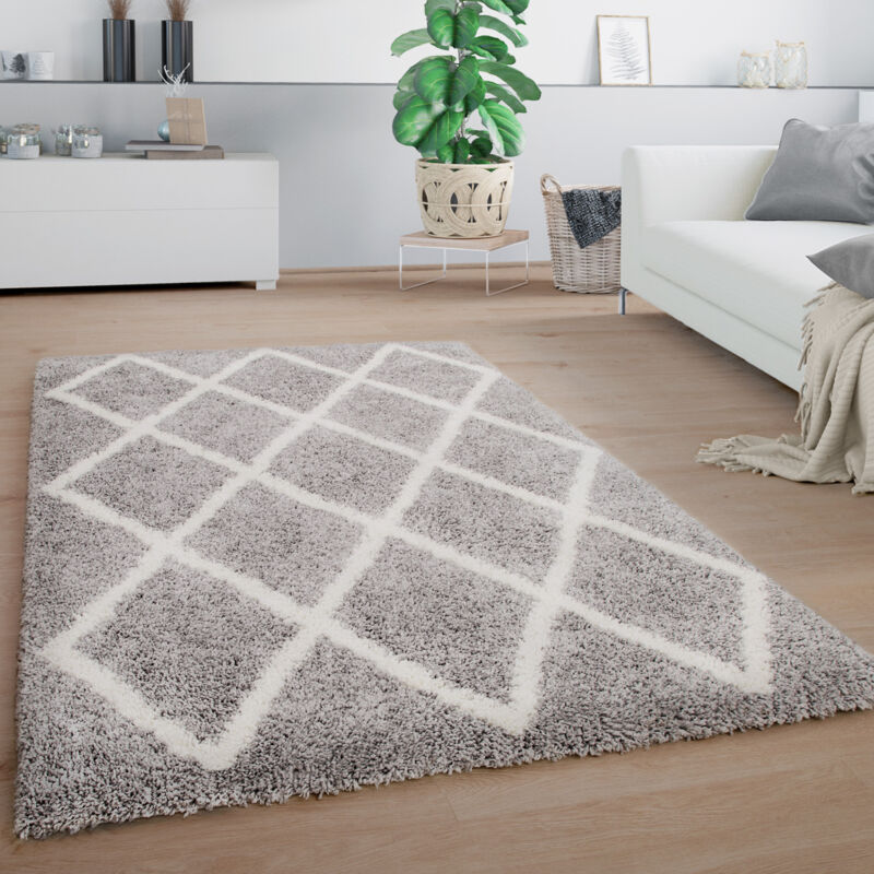 foto del prodotto tappeto salotto pelo lungo shaggy motivo scandinavo diamante soffice grigio bianco 60x100 cm paco home