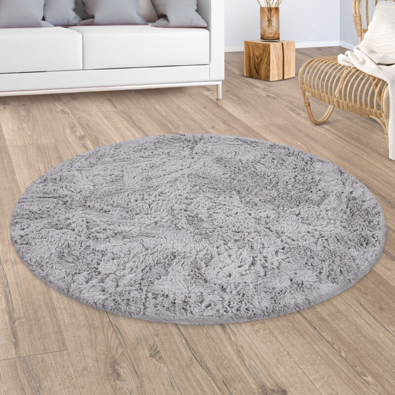 foto del prodotto tappeto salotto pelo lungo shaggy pelliccia finta morbido argento grigio 80 cm tondo paco home