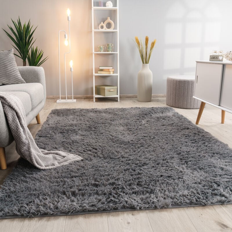 foto del prodotto tappeto salotto pelo lungo soggiorno pelliccia finta shaggy morbido monocolore 140x200 cm, grigio paco home