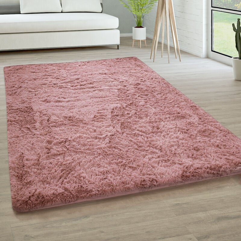 foto del prodotto tappeto salotto pelo lungo soggiorno pelliccia finta shaggy morbido monocolore 200x290 cm, rosa scuro paco home