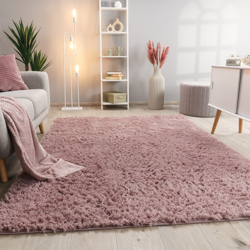 foto del prodotto tappeto salotto pelo lungo soggiorno pelliccia finta shaggy morbido monocolore 60x100 cm, rosa antico paco home