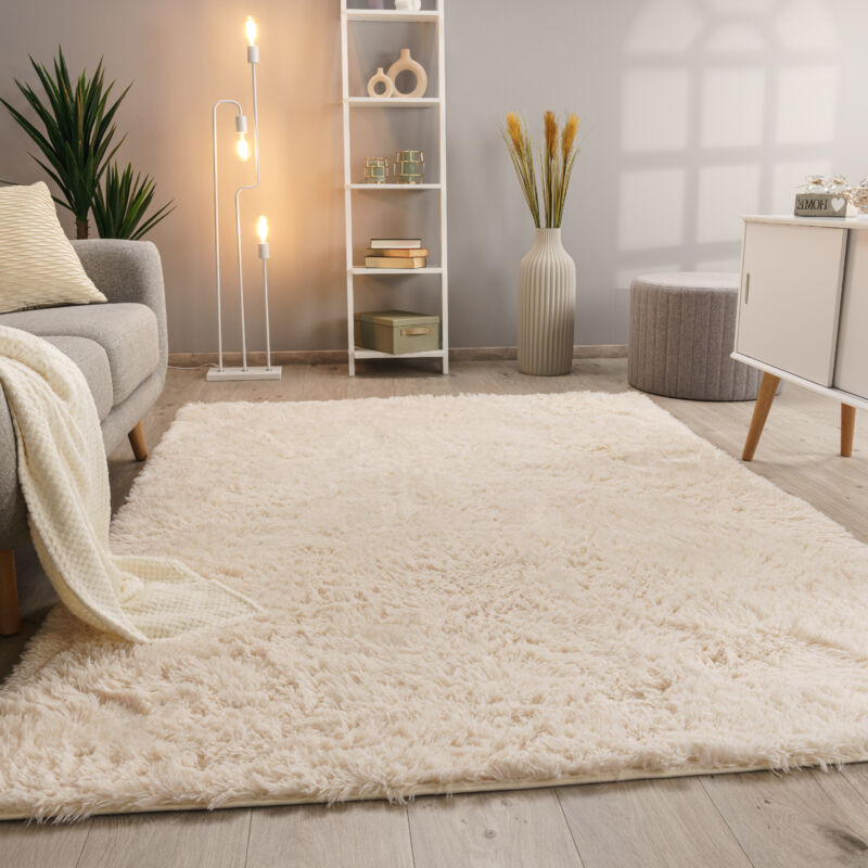 foto del prodotto tappeto salotto pelo lungo soggiorno pelliccia finta shaggy morbido monocolore 80x150 cm, crema paco home