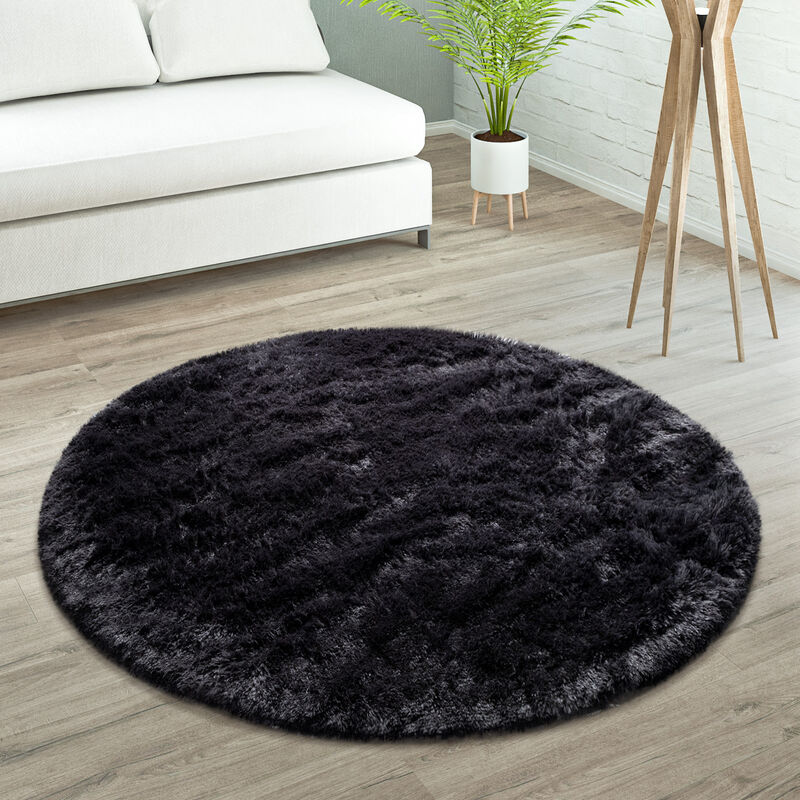 foto del prodotto tappeto salotto pelo lungo soggiorno pelliccia finta shaggy morbido monocolore nero, 80 cm tondo paco home