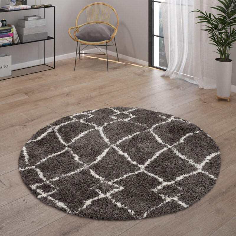 foto del prodotto tappeto salotto pelo lungo tappeto shaggy scandinavo frange morbido moderno antracite, 200 cm tondo paco home