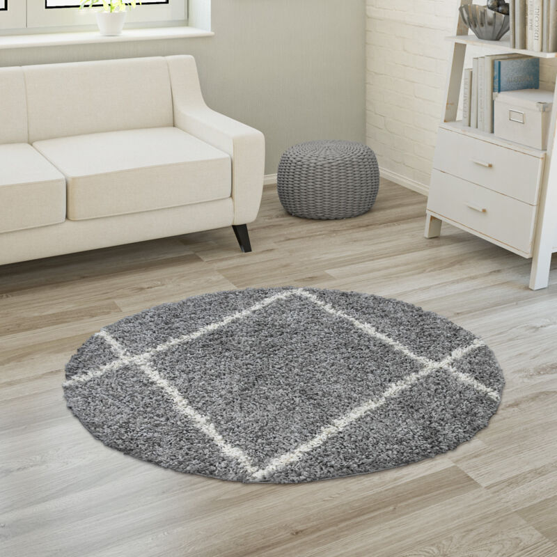 foto del prodotto tappeto salotto pelo lungo tappeto soggiorno shaggy motivo diamante scandinavo grigio, 200 cm tondo paco home