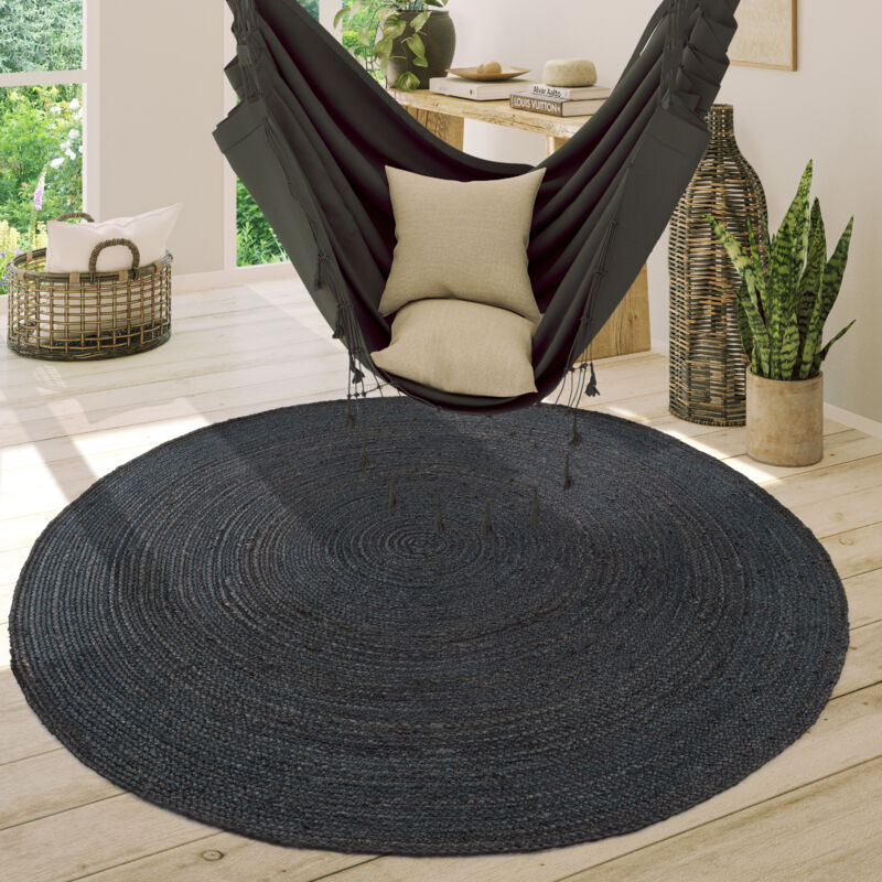 foto del prodotto tappeto salotto rotondo iuta motivo boho etnico moderno fatto a mano naturale antracite, 200 cm tondo paco home