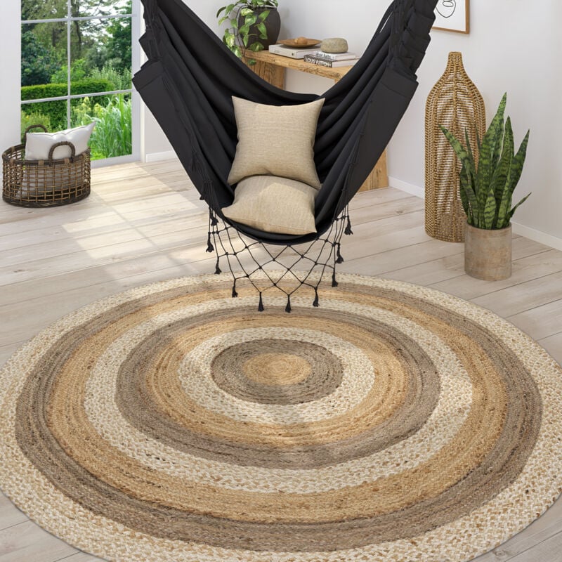 foto del prodotto tappeto salotto rotondo iuta motivo boho etnico moderno fatto a mano naturale multicolore, 80 cm tondo paco home
